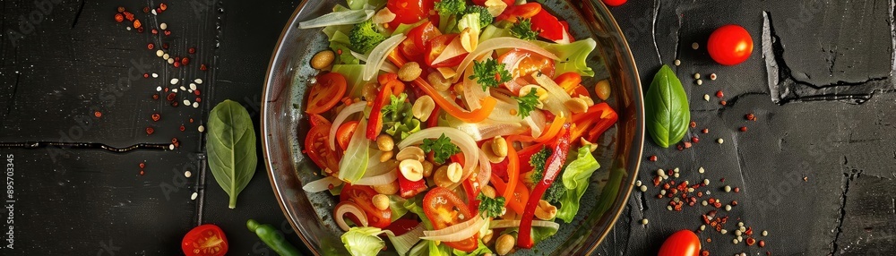 Fresh vegetable salad with tomatoes, lettuce, and nuts on a dark background, garnished with spices and herbs. Fresh vegetable salad with tomatoes, lettuce, and nuts on a dark background, garnished with spices and herbs.