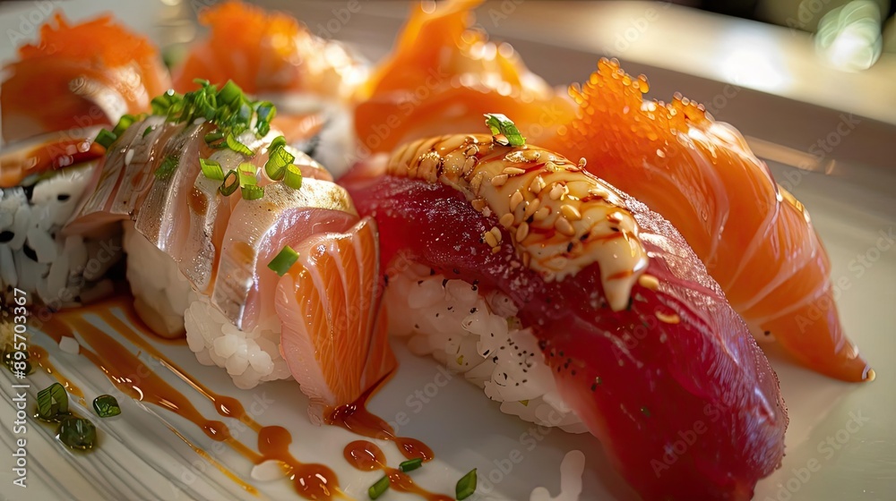 Close-up of assorted fresh sushi pieces with vibrant fish varieties, beautifully garnished and served on a white platter.