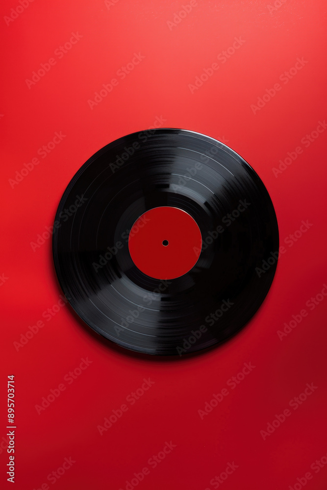 Black vinyl record with red label on a red background, offering a vibrant and nostalgic musical aesthetic