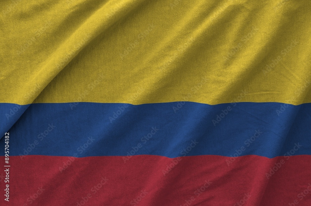 Fototapeta premium Colombia flag depicted on folded wavy fabric of old cloth close up