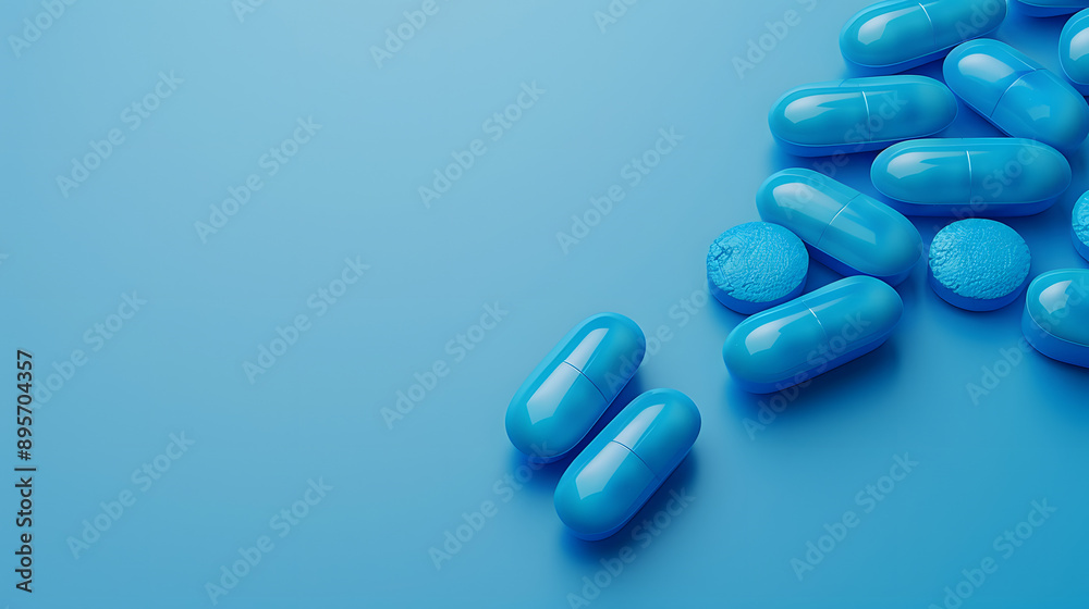 Blue pills on blue background with space for text Blue pills on blue background with space for text