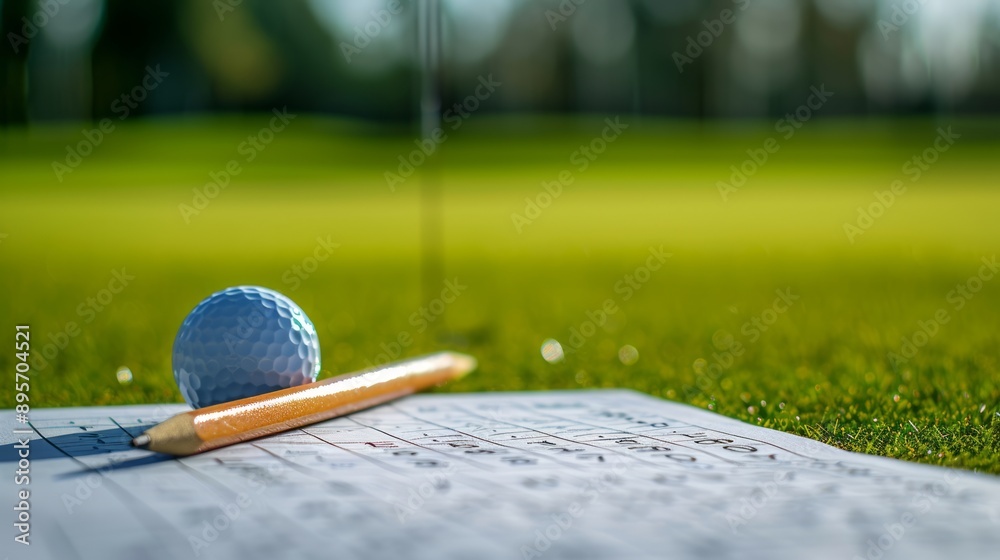 Golf ball sitting on scorecard with pencil on green