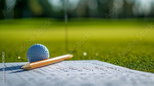 Obraz na płótnie Golf ball sitting on scorecard with pencil on green w salonie