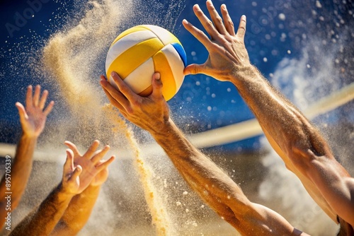 A poignant moment in the game. A volleyball falls on the sand. A volleyball player tries to hit the ball. Concepts of summer Olympic sports. photo