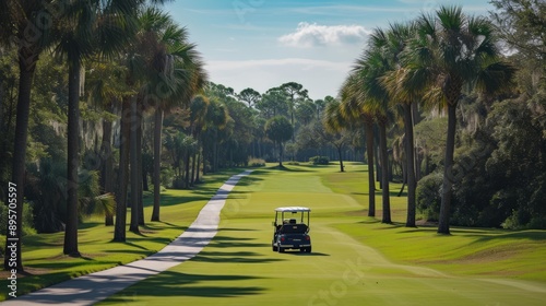 Golf cart driving down path lined with palm trees at golf course