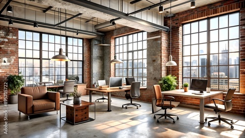 Industrial Chic: Raw Concrete and Exposed Brick in a Functional Office Setting with Armchairs and Desks