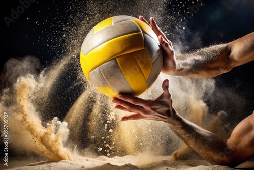 A poignant moment in the game. A volleyball falls on the sand. A volleyball player tries to hit the ball. Concepts of summer Olympic sports. photo