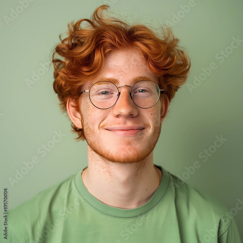 Headshot portrait of happy young ginger man. Handsome smiling red hair posing for camera, positive male posing in studio