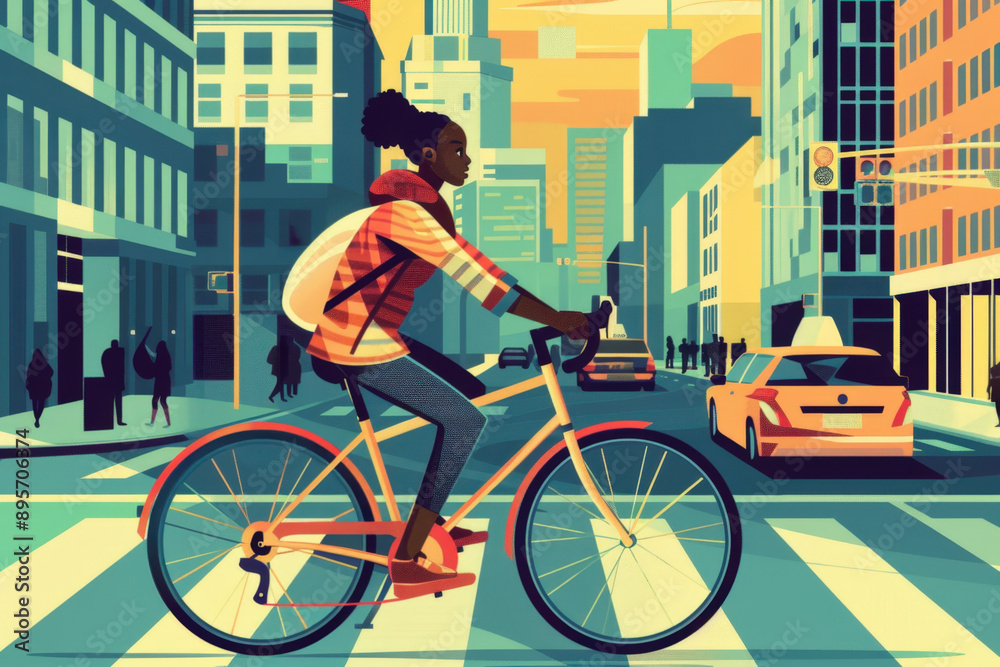 Fototapeta premium Young woman leisurely rides her bike through a bustling city crosswalk, surrounded by urban life
