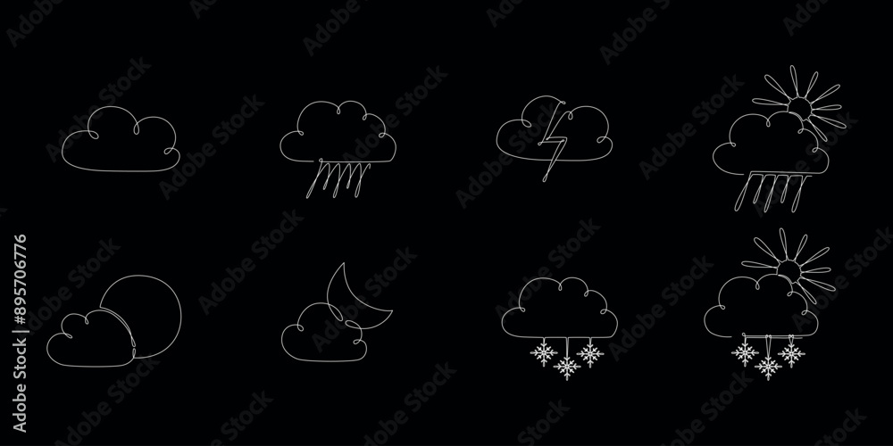 Fototapeta premium Weather one single line symbols set. Continuous editable stroke hand drawn line. Vector stock illustration isolated on black chalkboard background for design travel blog, meteorology forecast day.