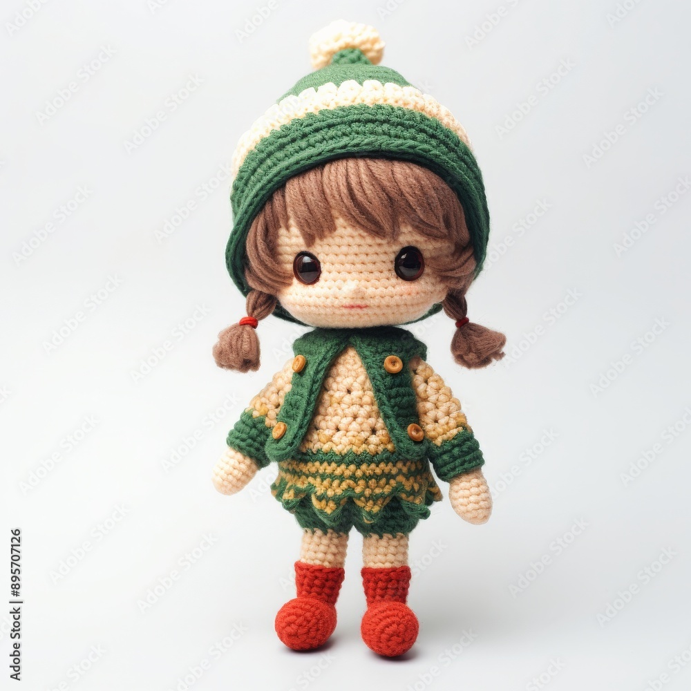 A cute yarn wool doll, dressed in a green outfit with a winter hat A cute yarn wool doll, dressed in a green outfit with a winter hat