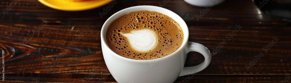 A white cup of freshly brewed cappuccino with frothy milk on a wooden table, ready to be enjoyed at a cozy cafe. A white cup of freshly brewed cappuccino with frothy milk on a wooden table, ready to be enjoyed at a cozy cafe.