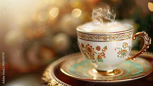Elegant porcelain teacup with intricate floral design and steam rising above, set on an ornate saucer with a blurred warm background.