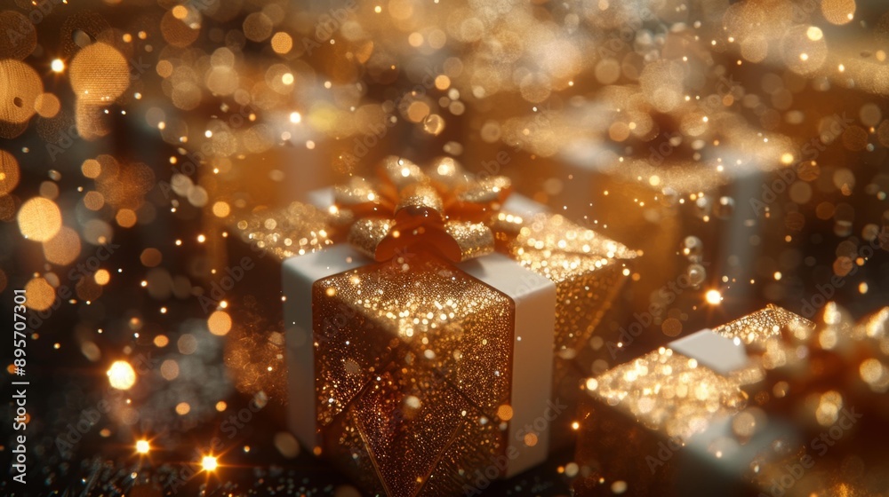 Golden holiday gift boxes with sparkling lights - generative ai Golden holiday gift boxes with sparkling lights - generative ai