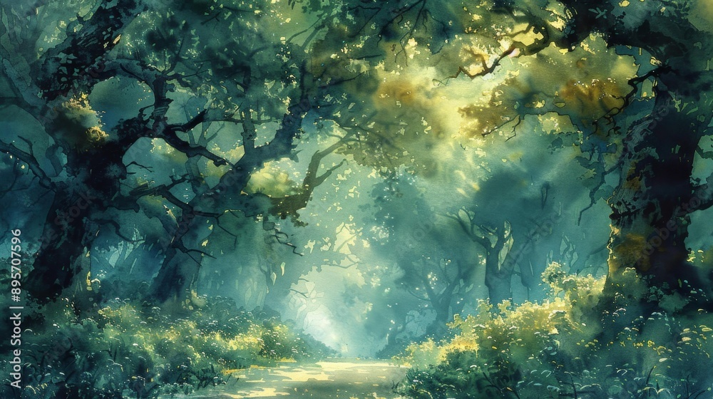 Obraz premium Enchanting forest path with sunlight - generative ai