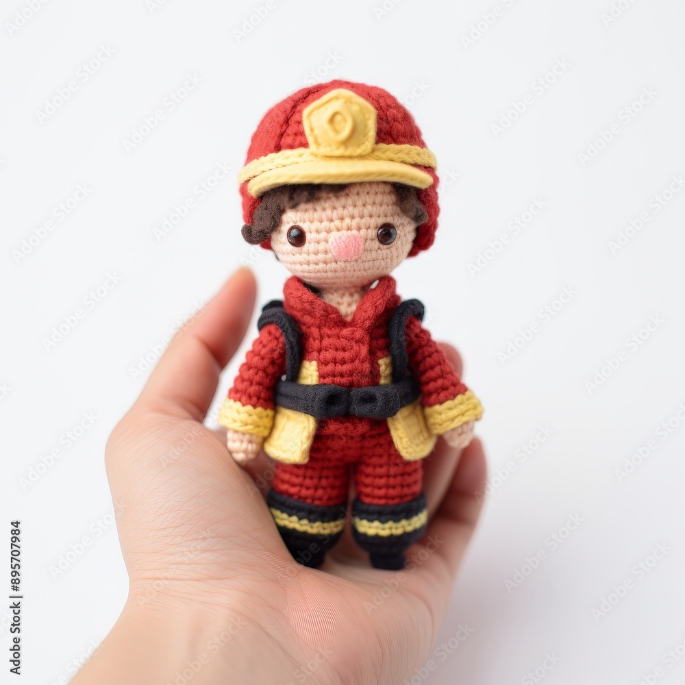 A crocheted firefighter doll stands in an open palm A crocheted firefighter doll stands in an open palm