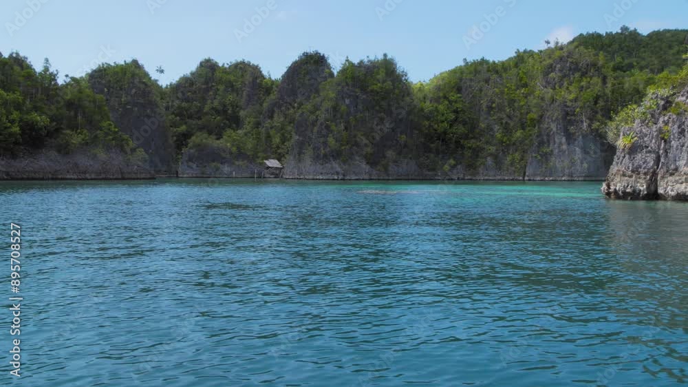 Pianemo islets in Raja Ampat archipelago, Indonesia, captured from a boat. The camera glides over the calm waters, showcasing lush green hills and a bright blue sky. Pianemo islets in Raja Ampat archipelago, Indonesia, captured from a boat. The camera glides over the calm waters, showcasing lush green hills and a bright blue sky.