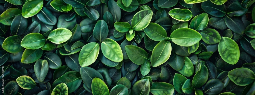Closeup of lush green leaves on a boxwood hedge background, in a top view. Closeup of lush green leaves on a boxwood hedge background, in a top view.