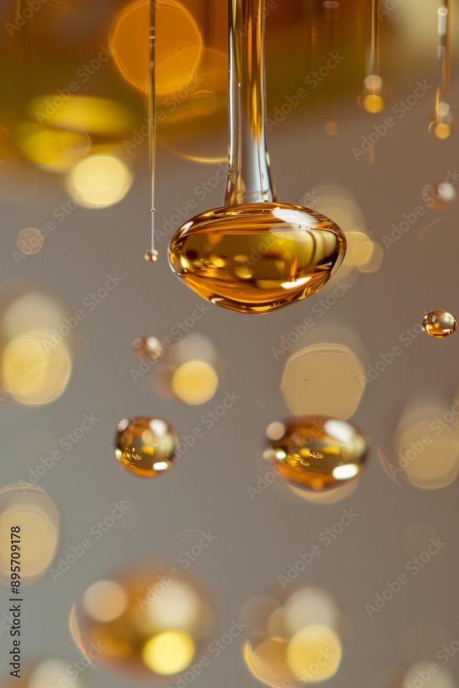 Golden honey droplet dripping creating abstract reflection