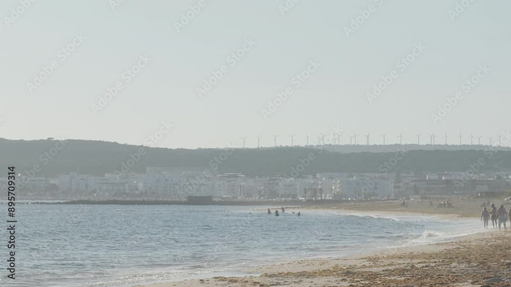 Lonely Barbate beach with windmills in the background
