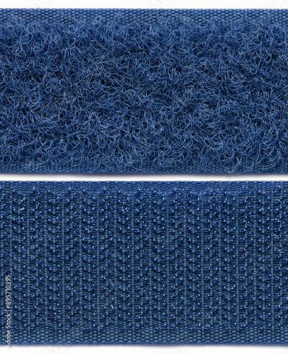 Blue textile fastener on both sides, Velcro. Background, texture, studio shot, close-up.