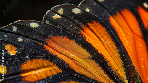 Butterfly Wing Macro: A mesmerizing close-up of a monarch butterfly's wing, showcasing intricate patterns of orange, black, and white. The texture and details are captured in stunning clarity, reveali photo