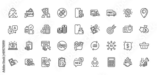 Currency, Pay money and Cyber attack line icons pack. AI, Question and Answer, Map pin icons. Checklist, Free delivery, Accounting web icon. Bitcoin, Bill accounting, Discount pictogram. Vector