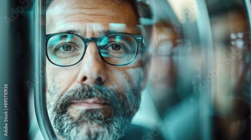 A reflective image of a man with a beard wearing glasses, looking out the window of a moving train, capturing a thoughtful moment amidst a bustling journey.