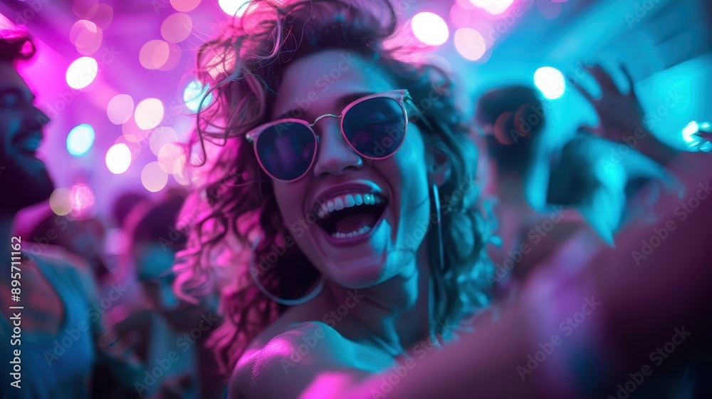 A woman is enjoying a lively party with vibrant neon lights, wearing stylish sunglasses and exuding joy and excitement in the energetic atmosphere. A woman is enjoying a lively party with vibrant neon lights, wearing stylish sunglasses and exuding joy and excitement in the energetic atmosphere.