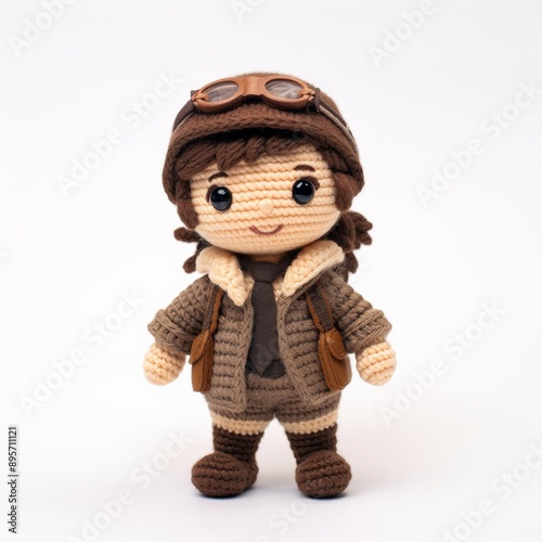 A charming handmade crochet doll wearing a brown pilot outfit and goggles