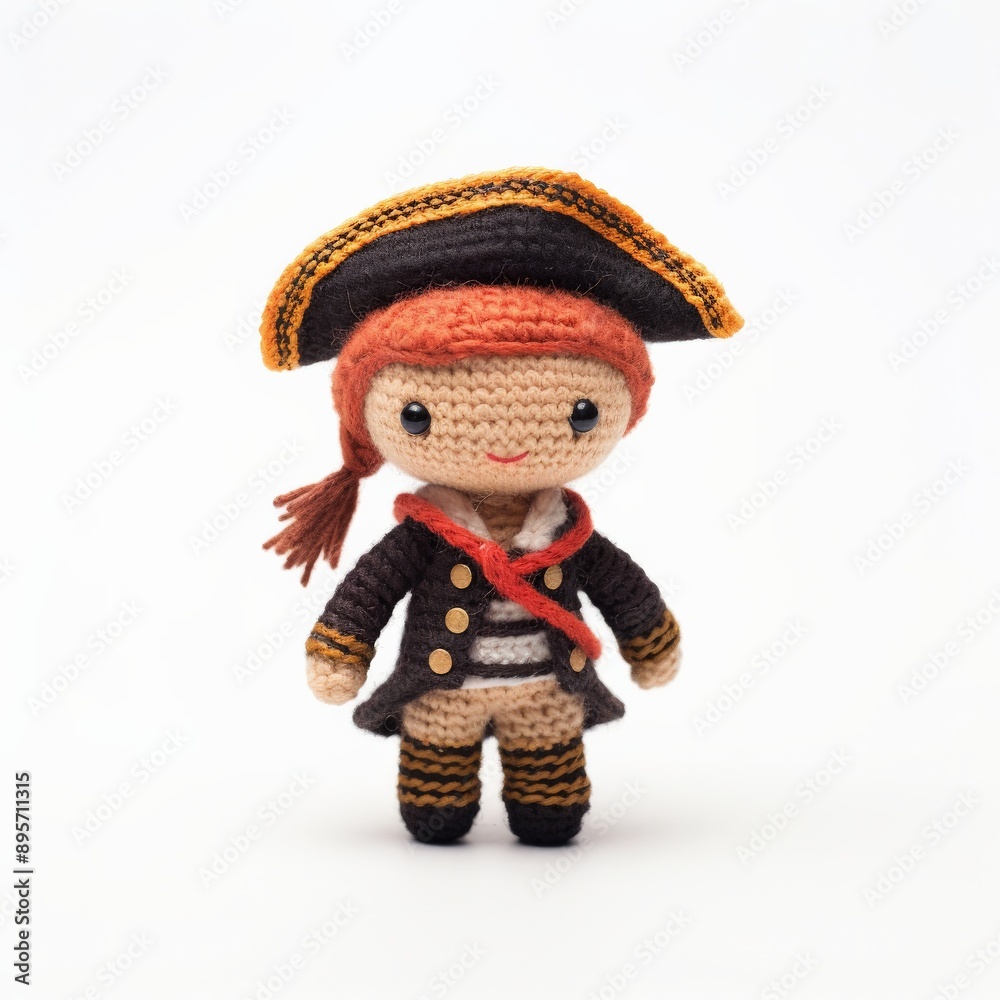 A crocheted pirate doll stands against a white background A crocheted pirate doll stands against a white background