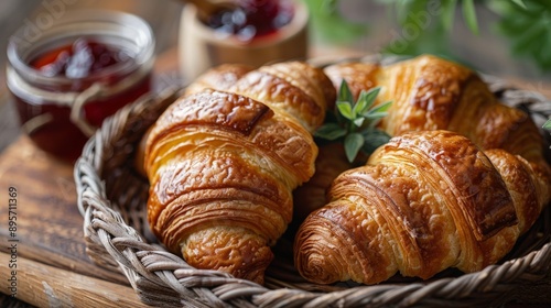 A basket of golden-brown croissants, some with fresh thyme sprigs, and a bowl of red jam visible in the background