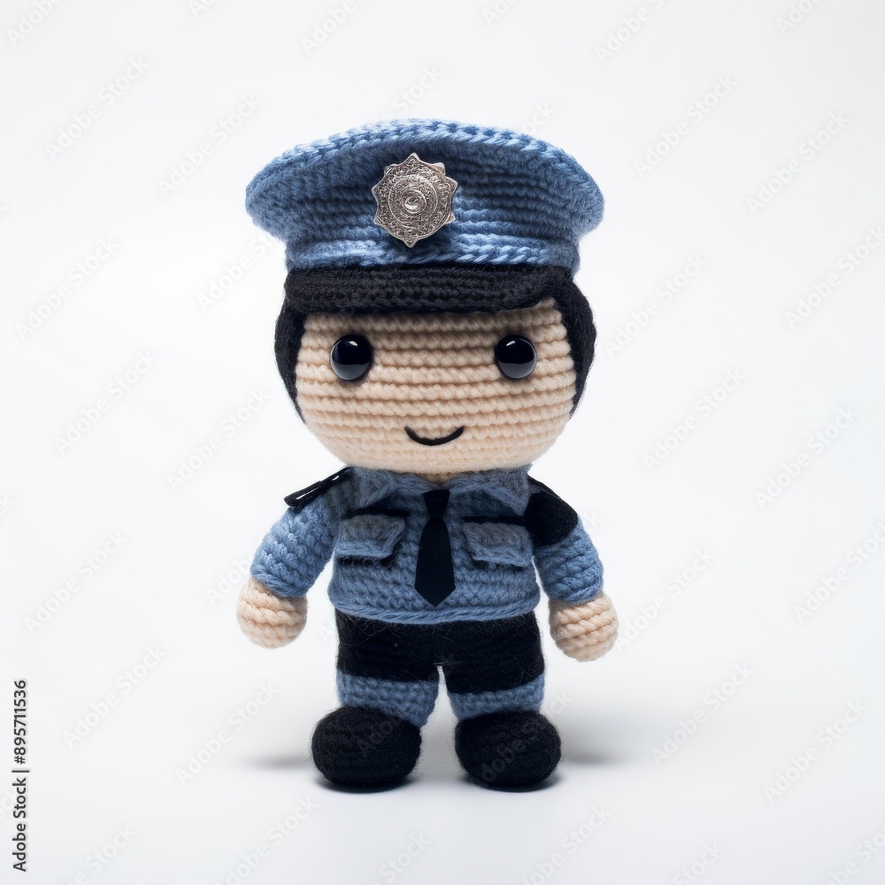 A cute yarn wool police officer doll stands against a white backdrop