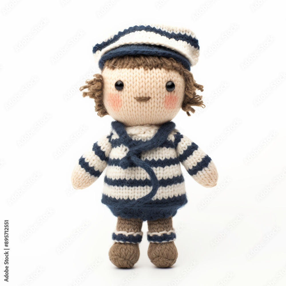 A knitted doll, dressed in a sailor's outfit, stands against a white background A knitted doll, dressed in a sailor's outfit, stands against a white background