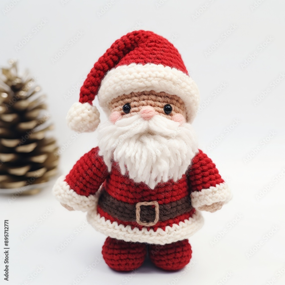 A handmade Santa Claus doll, crafted from yarn wool, stands against a white backdrop A handmade Santa Claus doll, crafted from yarn wool, stands against a white backdrop