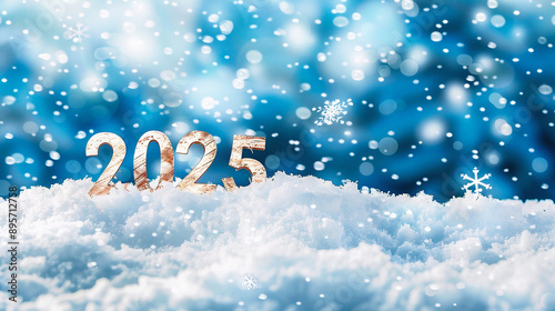 Happy New Year 2025 with snow and bokeh effect. 