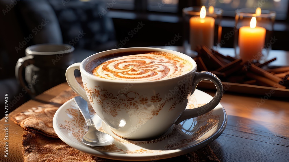 Coffee in brown cup on wooden table in cafe