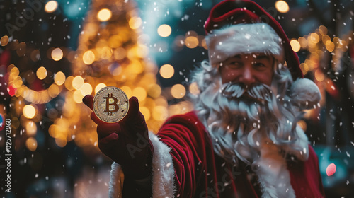 Santa Claus holds a golden bitcoin in his hand on the background of the Christmas tree