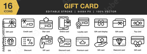 Gift Card icon set. Editable Stroke Icon Collection. Includes credit card, diamond, premium card, online card, star card, and More. Outline icons vector collection.