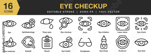 Eye Checkup icon set. Editable Stroke Icon Collection. Includes eye irritation, result, scan, sunglasses, eye tired, eye drops, and More. Outline icons vector collection.