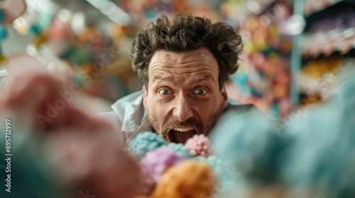 A person with a wide-eyed and surprised expression, set against a backdrop of colorful soft items, creating a vivid and humorous scene filled with energy and chaos.