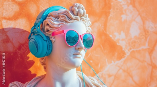 Obraz na płótnie White greek statue wearing blue modern glamour sunglasses and blue headphones over plain terracotta background. w salonie