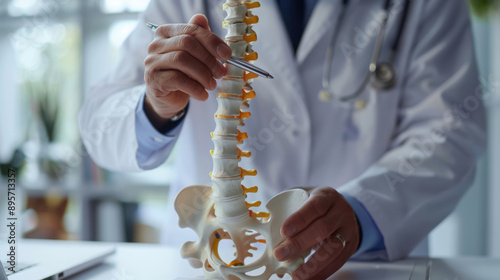 A doctor is holding an illustrated model of the spine and pointing to one area with his pen, indicating where he wants you to work on pain relief in your back