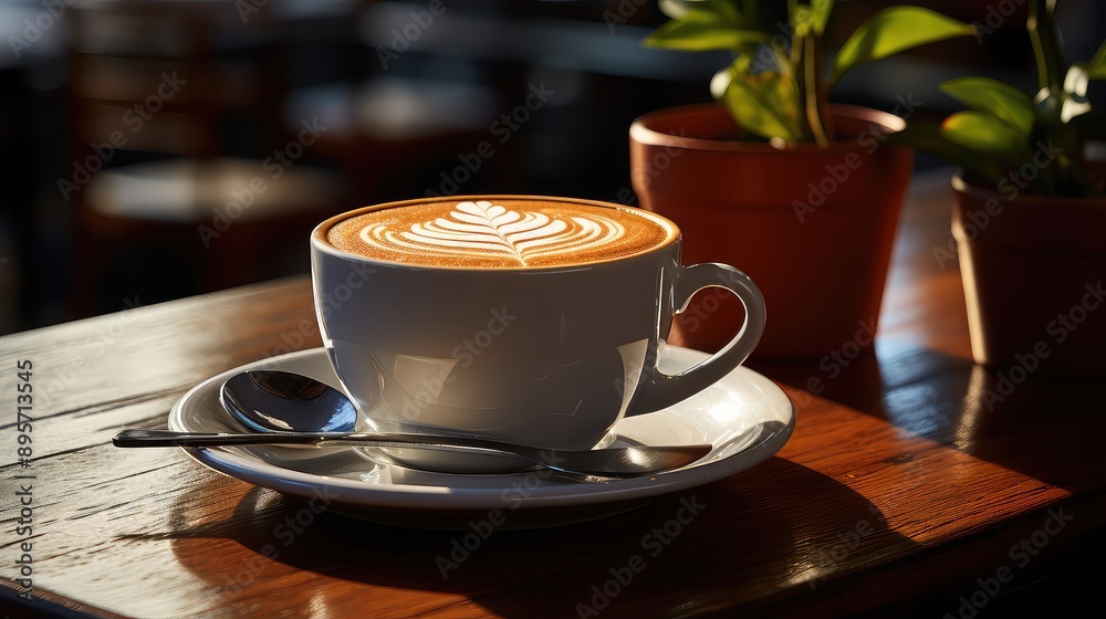 Fototapeta premium Coffee in brown cup on wooden table in cafe