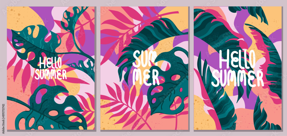 Summer bright cards set with abstract tropical leaves. Editable vector templates with exotic nature elements for poster, cover, banner, card, summer sale, branding. Summer bright cards set with abstract tropical leaves. Editable vector templates with exotic nature elements for poster, cover, banner, card, summer sale, branding.