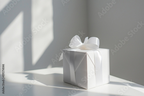 White gift box tied with white ribbon on the table