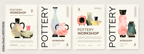 Set of pottery workshop advertising vectot poster design template. Hand made ceramics, clay crockery flat illustration. Pottery lesson, ceramic studio, hobby master class invitation layout