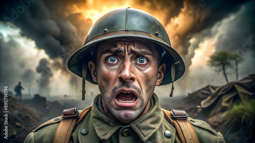 Portrait of a frightened soldier on a World War I battlefield