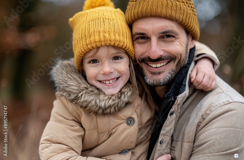 Father and Daughter Hug in Autumn Woods