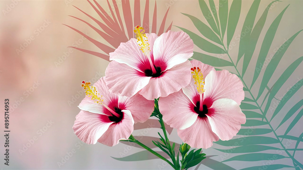 Minimalist image of hibiscus flowers with a soft tropical background, perfect for summer themes and nature-inspired designs. Minimalist image of hibiscus flowers with a soft tropical background, perfect for summer themes and nature-inspired designs.